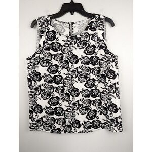 Katherine Barclay Rose Floral Print Sleeveless Blouse Tank Top Small Black White